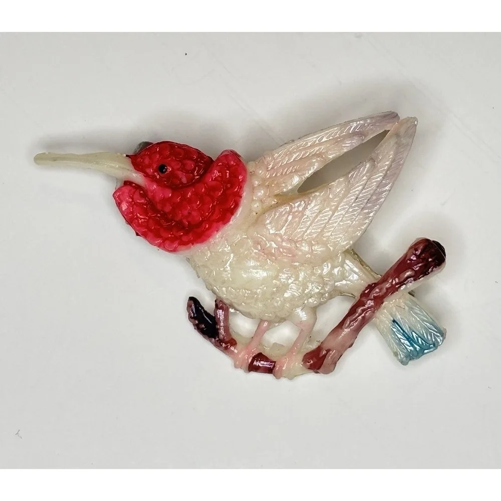 Vintage Celluloid Brooch 1950's Ruby Throated Hummingbird Painted Bird Pin